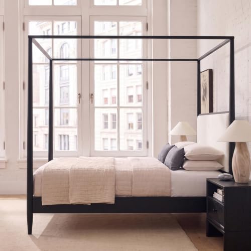 King Size Wood Canopy Bed Frame, Black Vintage Four-Posters Platform Beds