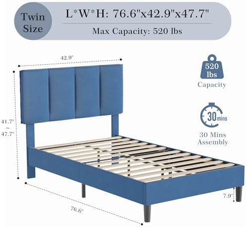 VECELO Twin Size Bed Frame with Upholstered Headboard, Dark Blue