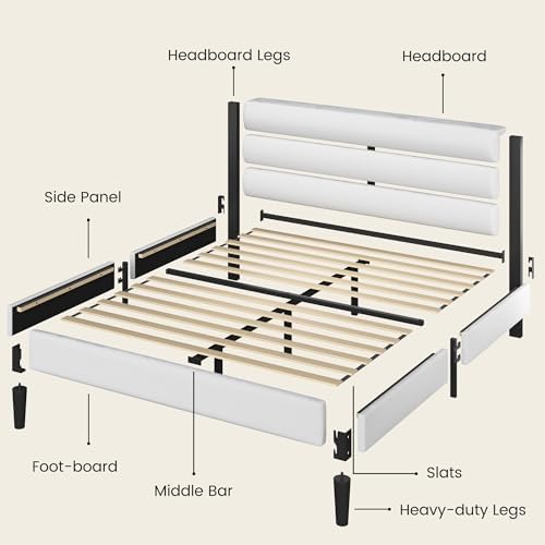 Fluest Queen Bed Frame, Platform Bed Frame with Velvet Upholstered Headboard, No Box Spring Needed, Sturdy Metal Support, Noise Free, Easy Assembly, Modern Bedroom Furniture, White