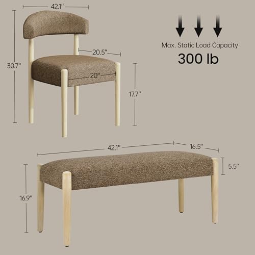 VKNOW Upholstered Dining Room Set for 4, Mid-Century Modern Dining Chairs Set of 2 and Dining Bench with Rubberwood Legs, for Dining Room, Living Room, Kitchen, Dark Brown