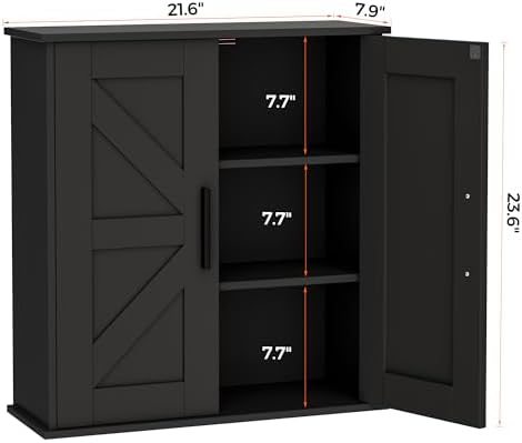 Homleke Bathroom Wall Cabinet, Medicine Cabinet with Adjustable Shelves | 3-Tier Wall Mounted Over Toilet Storage with Barn Doors, for Bathroom, Kitchen, Entryway, Laundry Room, Black, (7.9" D)