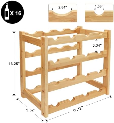 Bamboo Wine Rack, 4-Tier 16 Bottles Wine Storage Cabinet Shelf