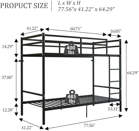 Bellemave Twin Over Twin Bunk Beds, Metal Bunk Bed Frame with Ladder and Guardrail for Kids, Adults, Black