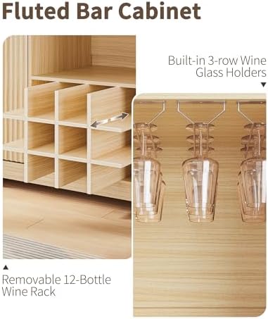 55" Fluted Wine Bar Cabinet - Coffee Bar Cabinets for Home with Storage, 2 Door & 2 Drawer Buffet Sideboard with Liquor Rack and Glass Holder, Alcohol Indoor Bars for Living Room, Kitchen