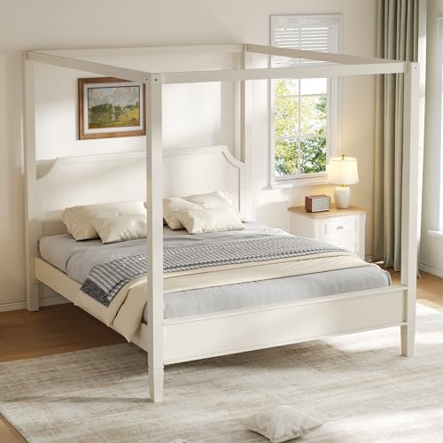 King Size Wood Canopy Bed Frame, White Vintage Four-Posters Platform Bed Frames with Headboard, 10-Slat Support Wooden Post Beds, 8" Under Bed Storage, Easy Assembly (Creamy White, King, 77"H)