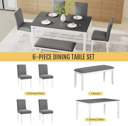 Zevemomo 6-Piece Solid Wood Dining Table Set, Wooden Legs, Grey & White