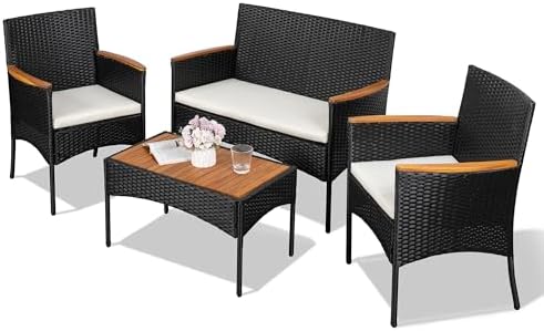 Shintenchi 4-Piece Patio Furniture Set, Outdoor Wicker Patio Conversation Furniture Set with Cushions and Wooden Tabletop for Paito Lawn Backyard Pool Garden, Black Rattan