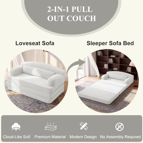 57” Convertible Sleeper Sofa Bed, Boneless Couch, White