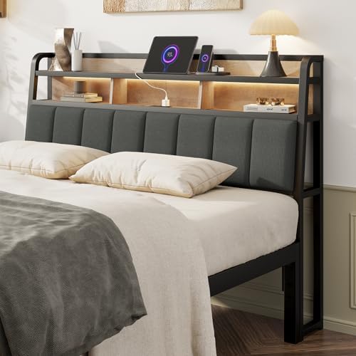 Queen Headboard Only with Storage, Charging Station, Black&Brown