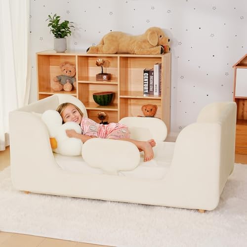 Toddler Bed, Toddler Floor Bed Frame with Wood Slats, Small Beds with Removable Safety Guardrails, Standard Crib Size Kids Bed for Girl and Boy, White