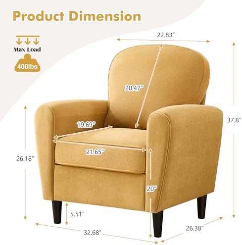 Accent Chair, Mid Century Modern Arm Chair with Thick Cushion and Back, Comfy Upholstered Reading Chair Single Sofa Chair for Living Room, Bedroom, Club, Yellow