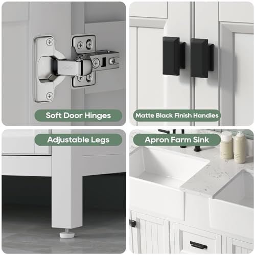 60 Inch Bathroom Vanity with Double Sink, Solid Wood, White | Farmhouse Pre Assembled Vanity Bathroom with Soft Closing Doors, Vanity for Bathroom, Apron Farm Sink