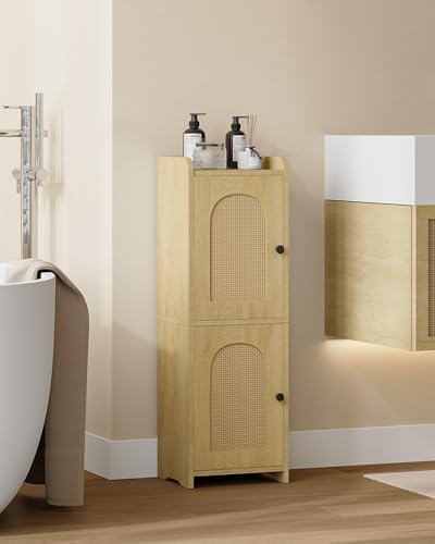 Hzuaneri Bathroom Storage Cabinet, Small Corner Floor Cabinet with 2 Doors | Narrow Toilet Paper Cabinets with Adjustable Shelf, Bathroom Organizer for Small Spaces, 7.9"D x 9.8"W x 29.5"H Rattan Yellow