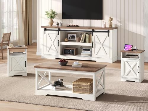 AMERLIFE 4 Piece Farmhouse Table Set with 66" TV Stand, Distressed White