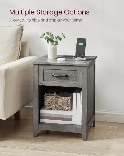VASAGLE Farmhouse Nightstands with Charging Station, 1 Drawer, Set of 2
