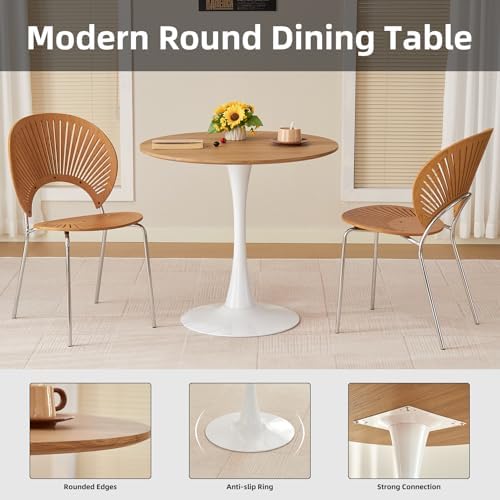 Round Dining Table, 31.5" Circle Tulip Table with Thickened Tabletop & Metal Pedestal, Mid Century Modern Bistro Table for Kitchen, Small Places, Living Room, Cafe (Faux Oak)