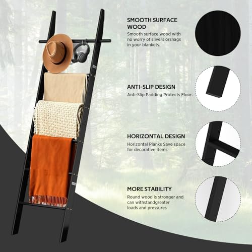 Farmhouse Wooden Blanket Ladder with Removable Hooks Black 6-Tier