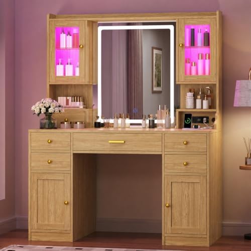 CSZZD Makeup Vanity Desk with Lighted Mirror & RGB Storage Cabinets | 3 Colors Vanity Table Set with Power Outlet & 6 Drawers, Large Dressing Table with Open Storage Shelves for Bedroom
