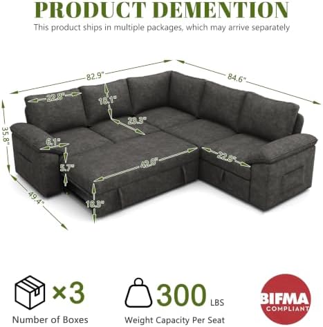 85'' Modular Sectional Sofa with Pull Out Bed, Sleeper Sofa, Dark Gray