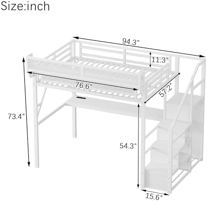 KEIKI Full Size Metal Loft Bed Frame with Desk, Staircase, Built-in Storage Shelves and Wardrobe, Modern Loft Bed with Solid Slats, Guardrail, No Box Spring Required, Easy Assembly, for Bedroom, White