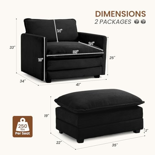 ROWHY 41'' Single Armchair with Ottoman, Modern Corduroy Cloud Couch with Convertible Chaise, Upholstered Sofa Set for Living Room, Black