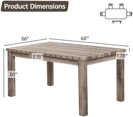 Morden Fort Farmhouse Rectangular Wooden Dining Table, Rustic 60" Kitchen & Dining Room Table with Woodgrain Tabletop, Rivet Accents & Solid Wood Legs