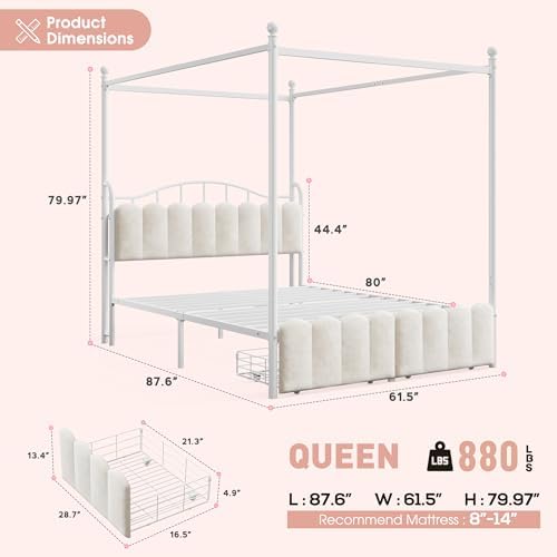 Homkdom Queen Size Canopy Bed Frame with 2 Drawers and LED & Charging,White