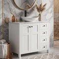 32 Inches White Bathroom Vanity with Marble Texture Top and 4 Drawers, Modern Standing Pedestal Cabinet with White Boat Ceramic Sink
