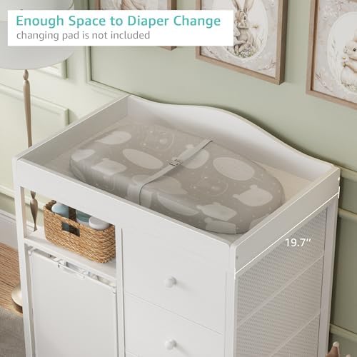 BOLUO White Changing Table with 3 Fabric Drawers and Laundry Hamper, Baby Dresser with Changing Table Top, Nursery Diaper Changing Station with Storage Modern