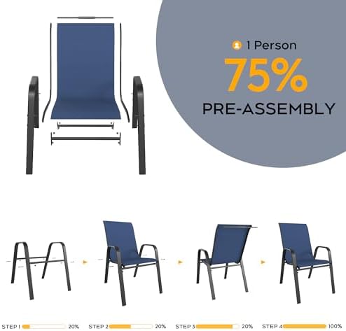 Navy Patio Chairs Set of 4, Stackable Outdoor Dining Chairs for All Weather Textilene Fabric & Metal Frame, Outdoor Chairs Set for Backyard Deck Garden (Dark Blue, Set of 4)