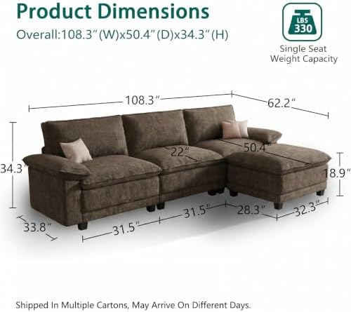 108" Modular Sectional Couch, L Shaped Cloud Sofa for Living Room