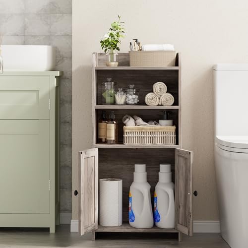 Homhedy Small Bathroom Storage Cabinet, Toilet Paper Storage Cabinet | Bathroom Floor Cabinet with Doors and Shelves, Bathroom Organizers for Small Spaces, 7.9" D x 14.6" W x 31" H, Greige