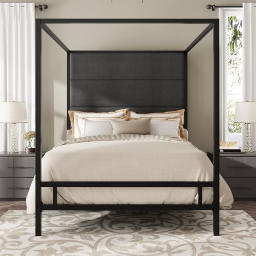 LUMISOL Canopy Bed Frame King Size Tall Upholstered Headboard, Black Grey