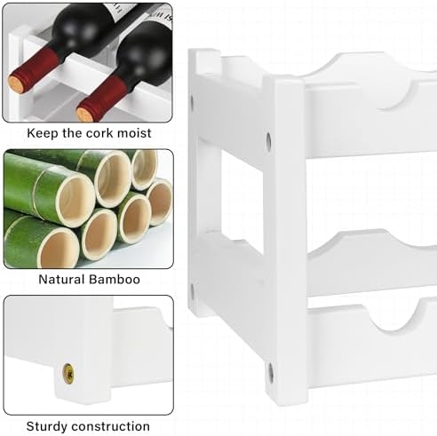 VASMIA Wine Rack, 2-Tier Bamboo Wine Racks Countertop Cabinet Wine Holder Wine Storage Shelf for Pantry Kitchen Bar, White