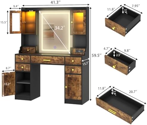 Rustic Vanity Desk with Mirror and Lights in 3 Colors & 2 RGB Cabinets | 3 Colors Makeup Vanity with Charging Station & 6 Drawers, Large Dressing Table with Open Storage Shelves for Bedroom