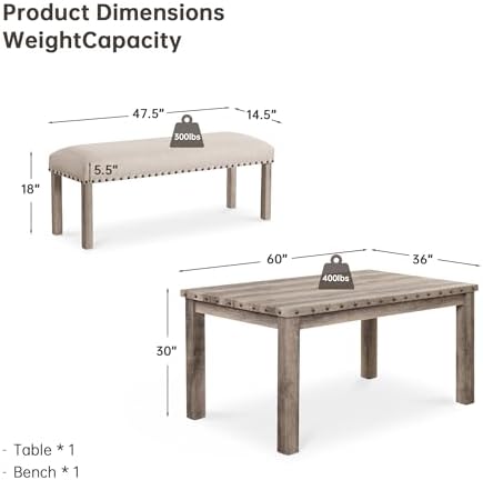 Morden Fort Farmhouse Dining Table Set for 4, 3-Piece Kitchen Table and Chairs Set with 2 Benches, 60" Rectangular Dining Table, Space-Saving Dining Set for Kitchen, Dining Room, Apartment
