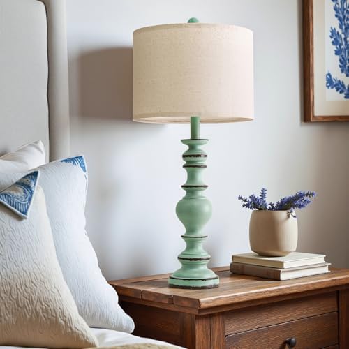 BOBOMOMO 27" Distressed Teal Table Lamps Set of 2, Large Coastal Farmhouse Resin Lamps with Linen Shades, Blue Green Lamps for Living Room, Bedroom, or Console Table Home Décor