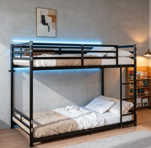 Bellemave Twin Over Twin Bunk Beds, Metal Floor Bunk Bed Frame with Ladder and Full-Length Guardrail for Kids, Adults, Black