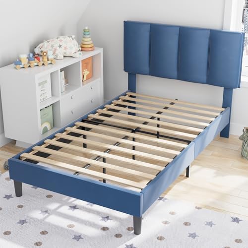 VECELO Twin Size Bed Frame with Upholstered Headboard, Dark Blue