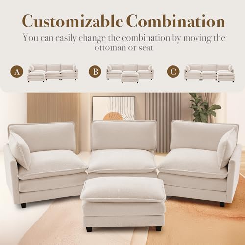 ROWHY 112'' Modular Sectional Cloud Couch with Movable Ottoman, 4 Seat Modern Chenille Sofa, Deep Seat L Shaped Couch for Living Room Bedroom Apartment,Cream White