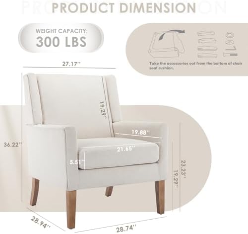COLAMY Modern Wingback Living Room Chair, Upholstered Fabric Accent Armchair, Single Sofa Chair with Lounge Seat and Wood Legs for Office/Bedroom/Reading Spaces, Beige