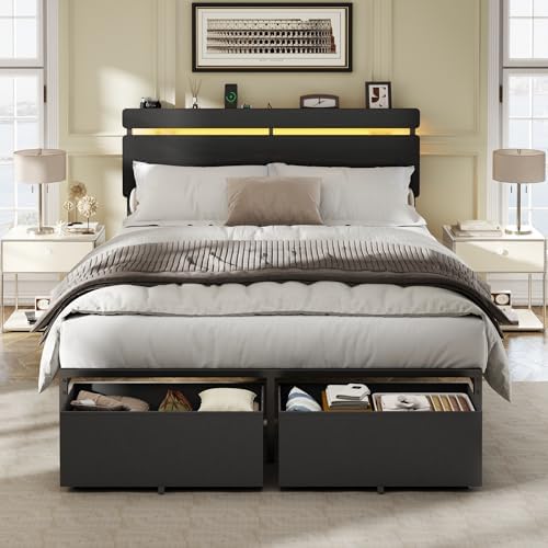 Forestell Full Size Bed Frame with Wood Headboard,2 Storage Drawers & Shelf