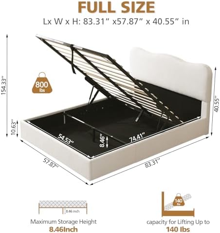 VELOCAVA Full Size Lift-Up Storage Bed, Modern Upholstered Boucle Bed with Curved Headboard, Gas Lift Platform, Sturdy Wooden Slat Support, No Box Spring Needed, Easy Assembly, Cream White