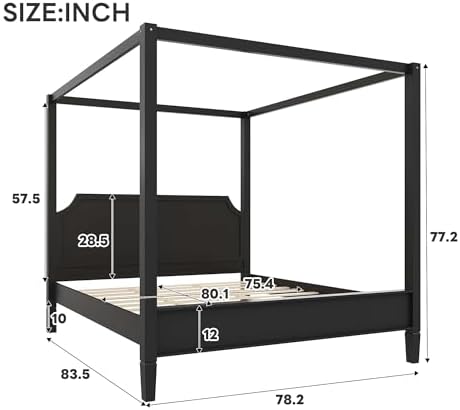 King Size Wood Canopy Bed Frame, Black Vintage Four-Posters Platform Bed Frames with Headboard, 10-Slat Support Wooden Post Beds, 8" Under Bed Storage, Easy Assembly (Black, King, 77" H)
