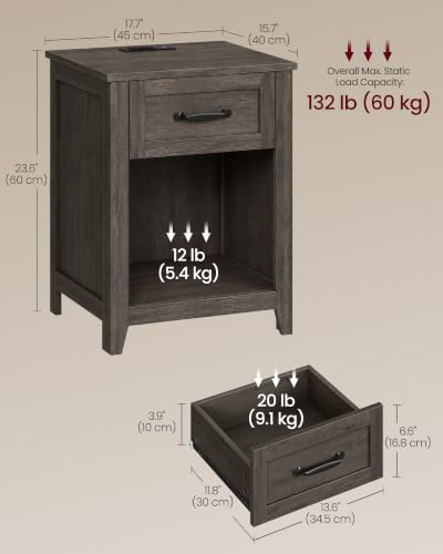 VASAGLE Farmhouse Nightstand with Charging Station, Drawer