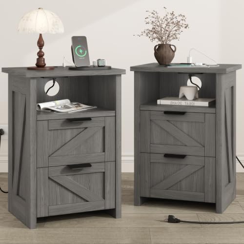 Farmhouse Night Stand Set of 2, Bed Side Table with 2 Drawers and Storage Shelf, Rustic Grey End Table for Bedroom, Living, Entryway, Office, Dorm, Small Spaces, Grey