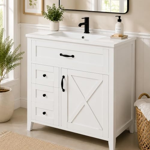 YOPTO 30" Bathroom Vanity with Sink, Freestanding Bathroom Cabinet | Ceramic Top & Backsplash, 3 Storage Drawers, 1 Tilt-Out Storage, Adjustable Shelving, Door Storage and Towel Bar, White