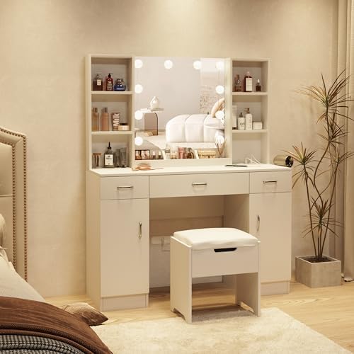 Halitaa Makeup Vanity Table with Lighted Mirror & Power Outlets, Large Vanity Set Vanity Desk with Storage Stool, 3 Lighting Modes, Brightness Adjustable, 45inch, White