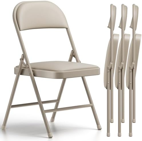 Folding Chairs 4 Pack, PU Leather Padded Folding Chairs for Outside and Indoor, Heavy Duty Portable Foldable Metal Commercial Seat for Home Office, Dorm, Party, Backyard, Lawn, Patio, Khaki