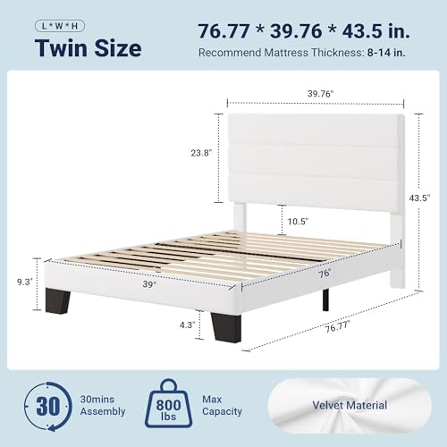 Allewie Twin Size Platform Bed Frame with Velvet Upholstered Headboard